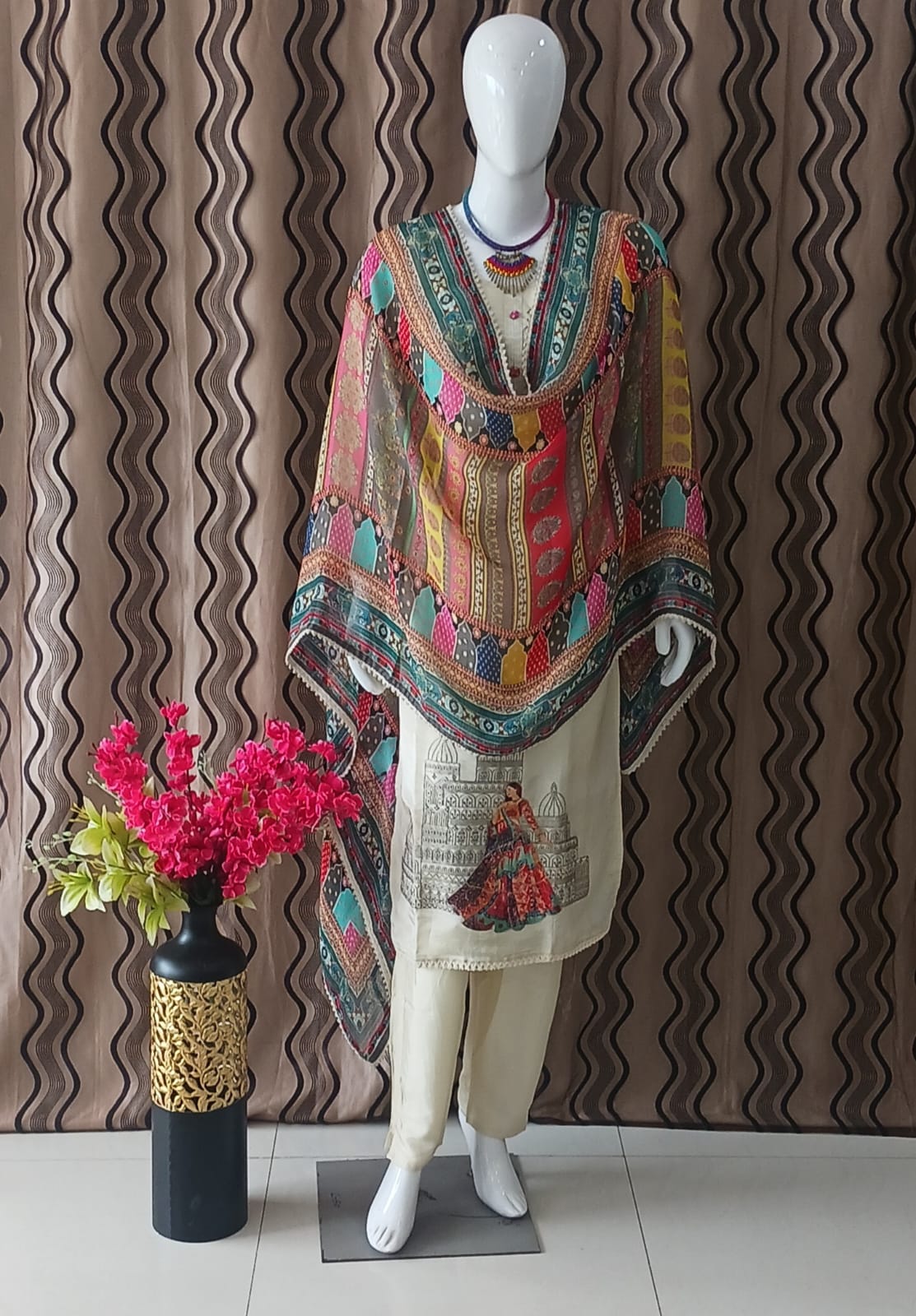 Straight cut Cream Tissue Simmer with Contrast Dupatta