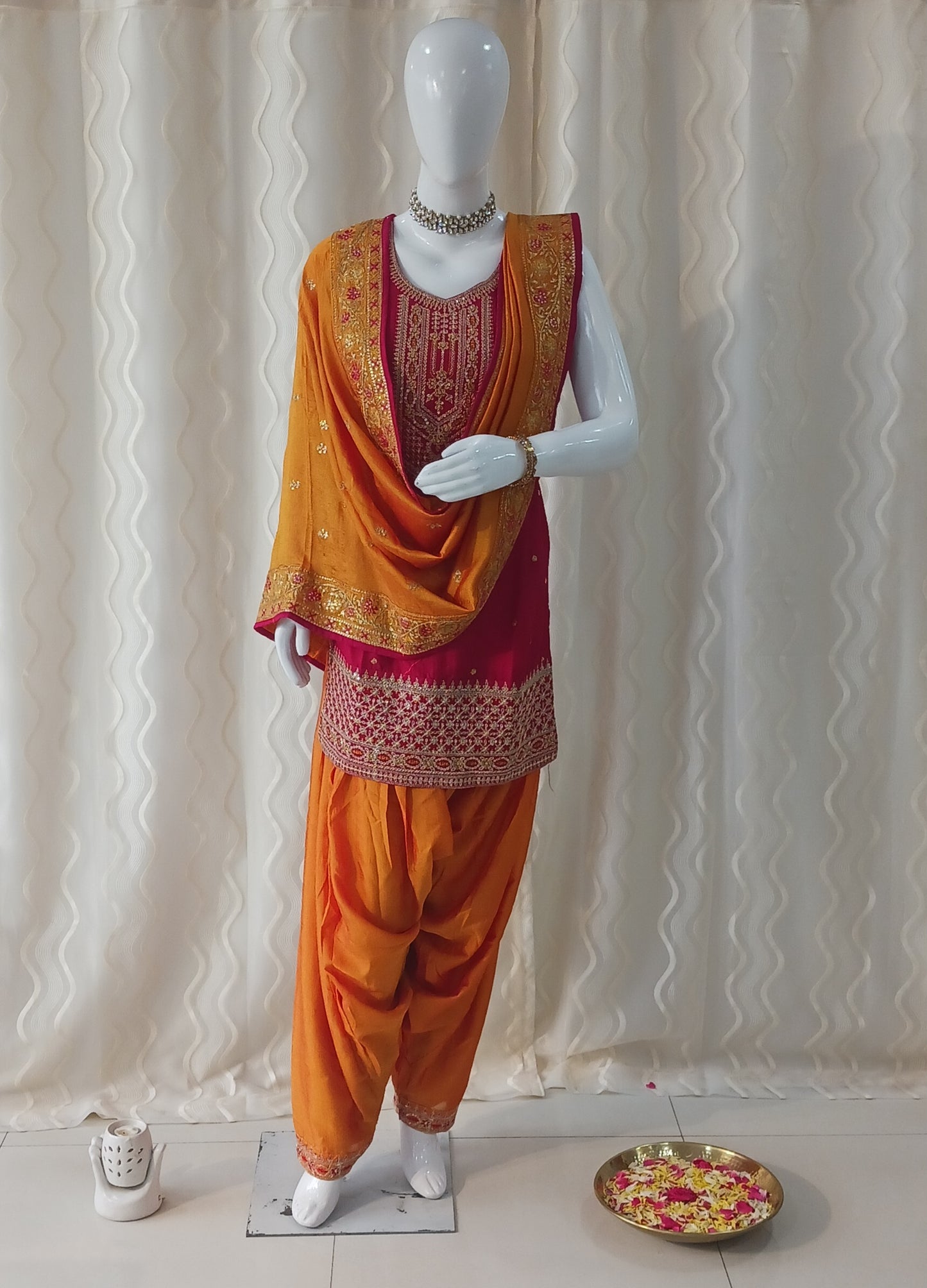 Straight Cut Pariyala 3-Piece Suit with Work Duppatta and With Sleeves Attached