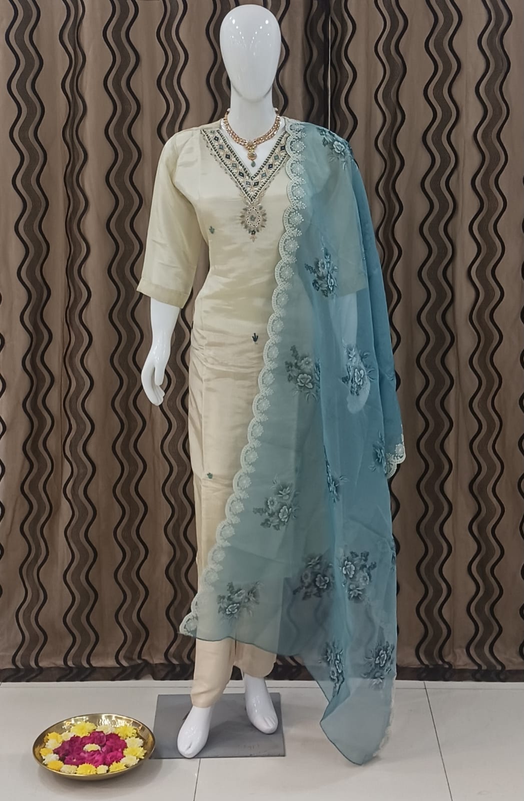 Straight cut Cream with blue Dupatta