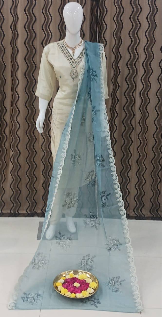 Straight cut Cream with blue Dupatta