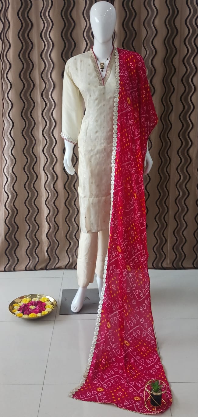 Straight cut Cream tissue Simmer cloth with Bandhani Dupatta