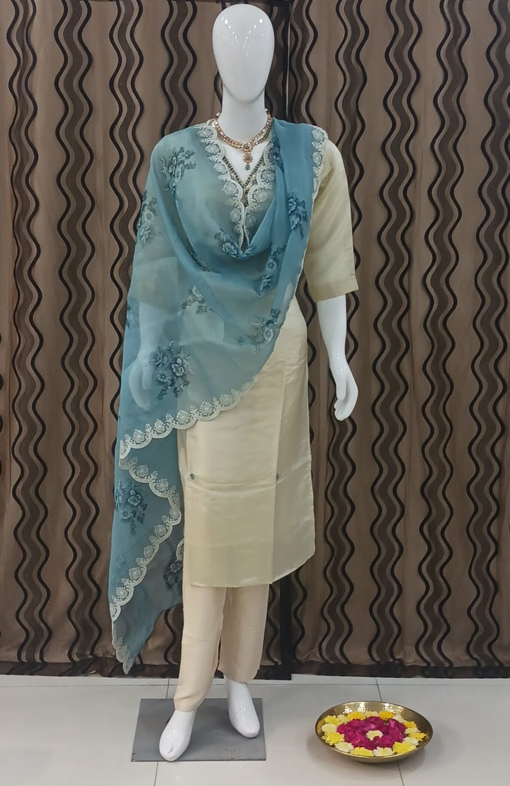 Straight cut Cream with blue Dupatta