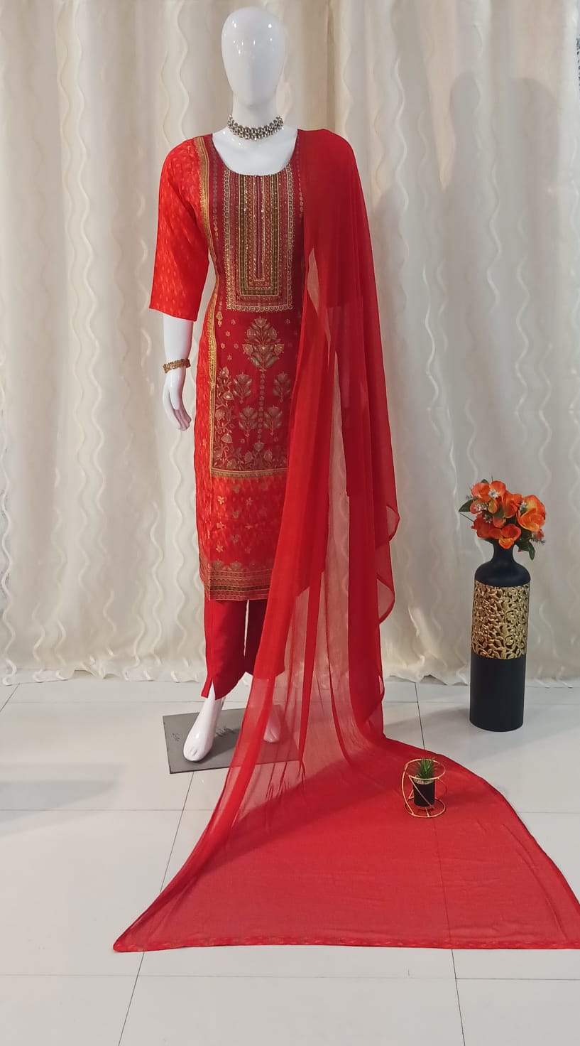 Red Straight Cut 3-piece suit with Contrast Work Dupatta with sleeves attached.