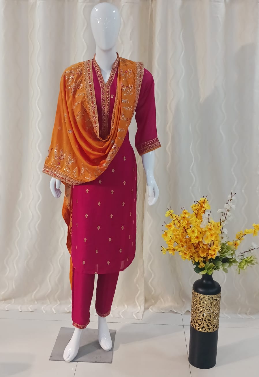 Straight Cut Pink 3-piece suit with Contrast Work Dupatta with sleeves attached.