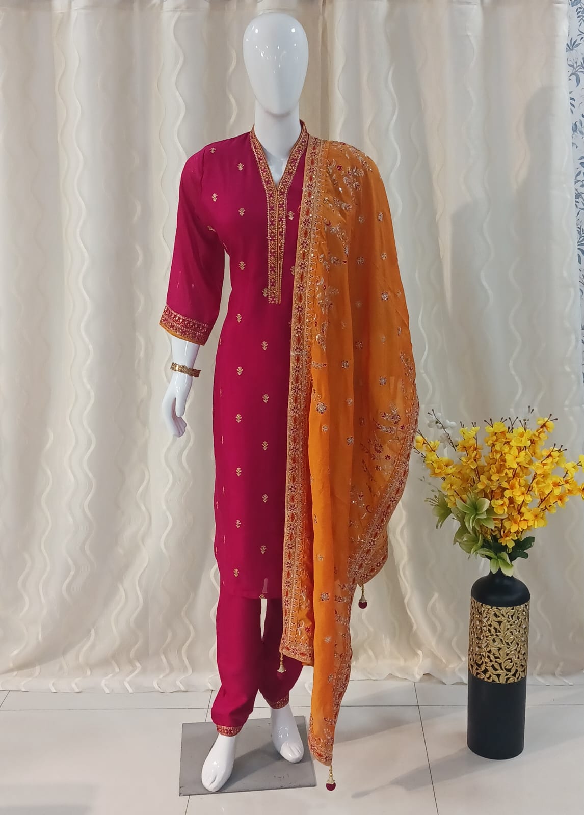 Straight Cut Pink 3-piece suit with Contrast Work Dupatta with sleeves attached.