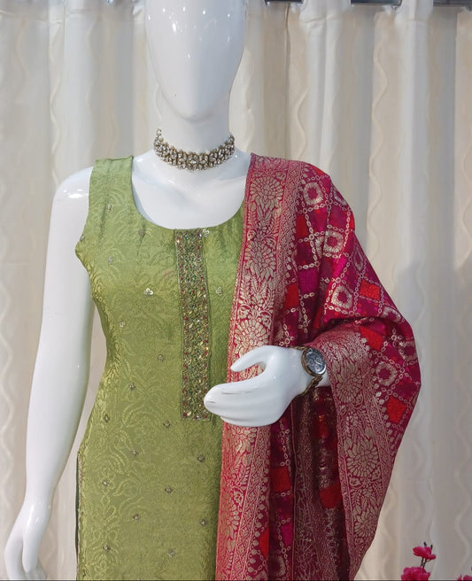 Green Straight Cut 3-piece suit with Contrast Banarsi Work Dupatta with sleeves attached