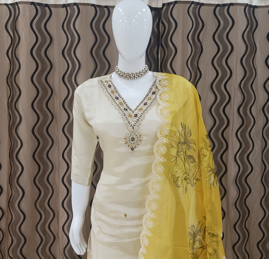 Straight cut Cream with yellow dupatta