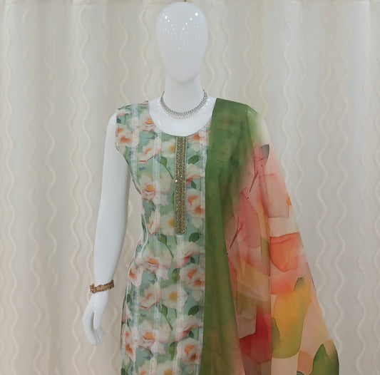 Straight Cut 3-piece suit with Beautiful Dupatta with sleeves attached