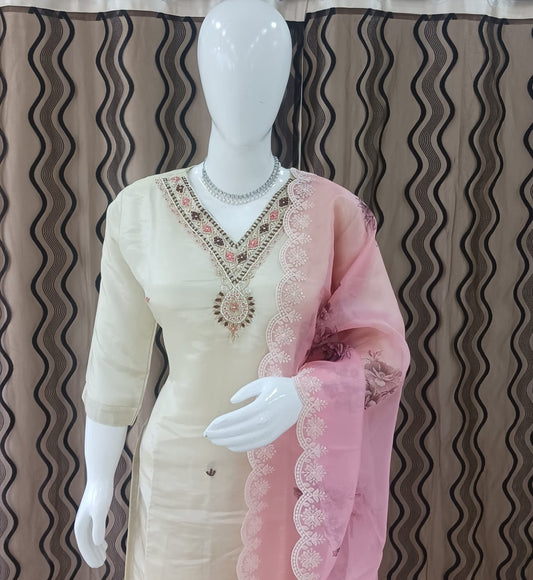 Straight cut Cream with pink dupatta
