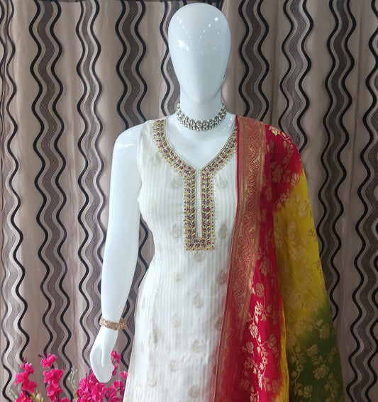 Straight cut cream with Multi Colour Banarasi Dupatta