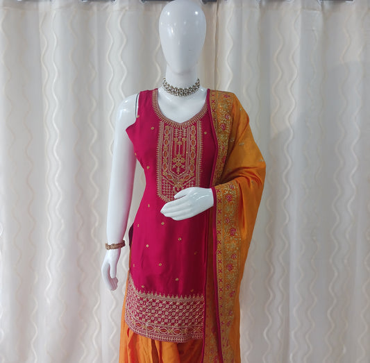 Straight Cut Pariyala 3-Piece Suit with Work Duppatta and With Sleeves Attached