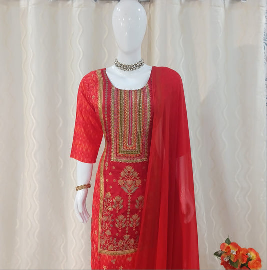 Red Straight Cut 3-piece suit with Contrast Work Dupatta with sleeves attached.