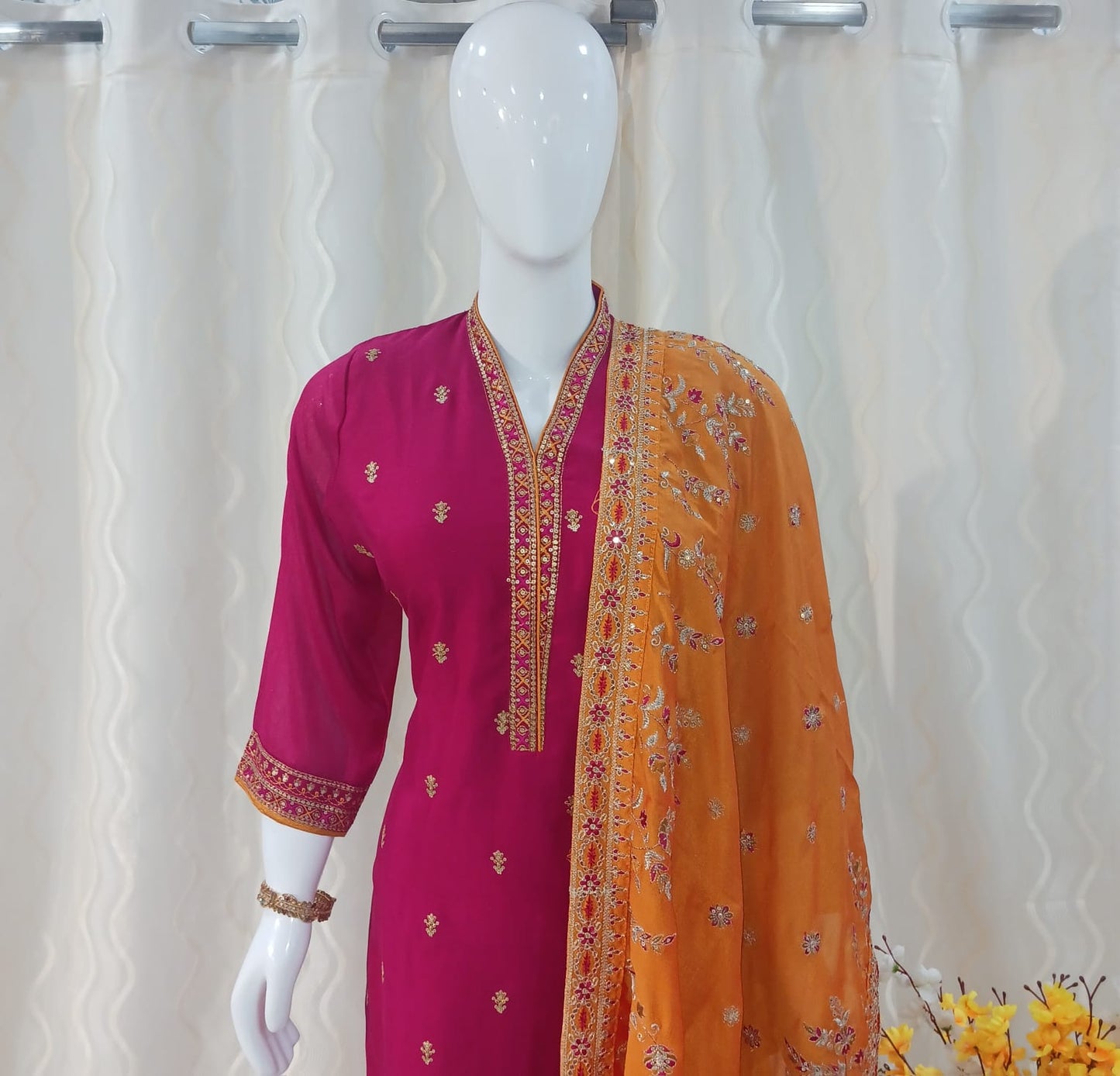 Straight Cut Pink 3-piece suit with Contrast Work Dupatta with sleeves attached.