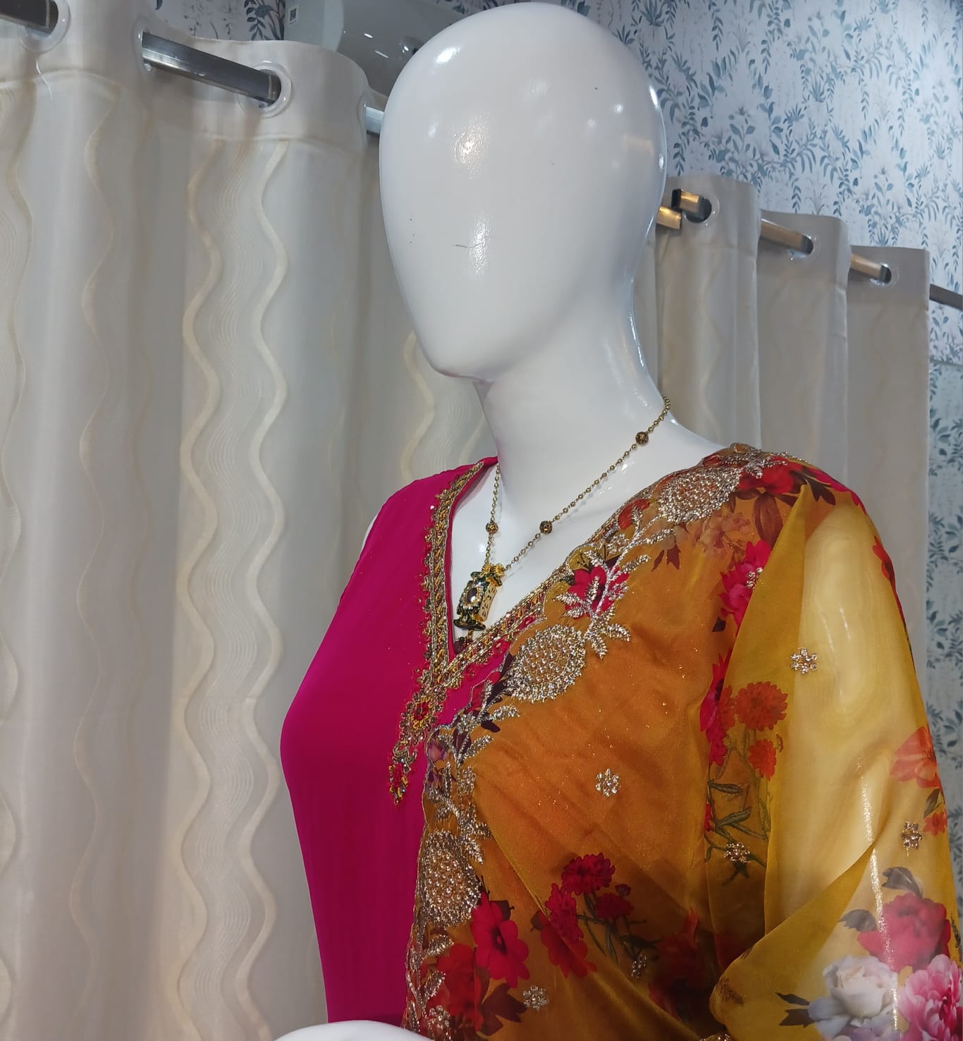 Pink 3-piece suit with contrast work yellow floral dupatta with sleeves attached