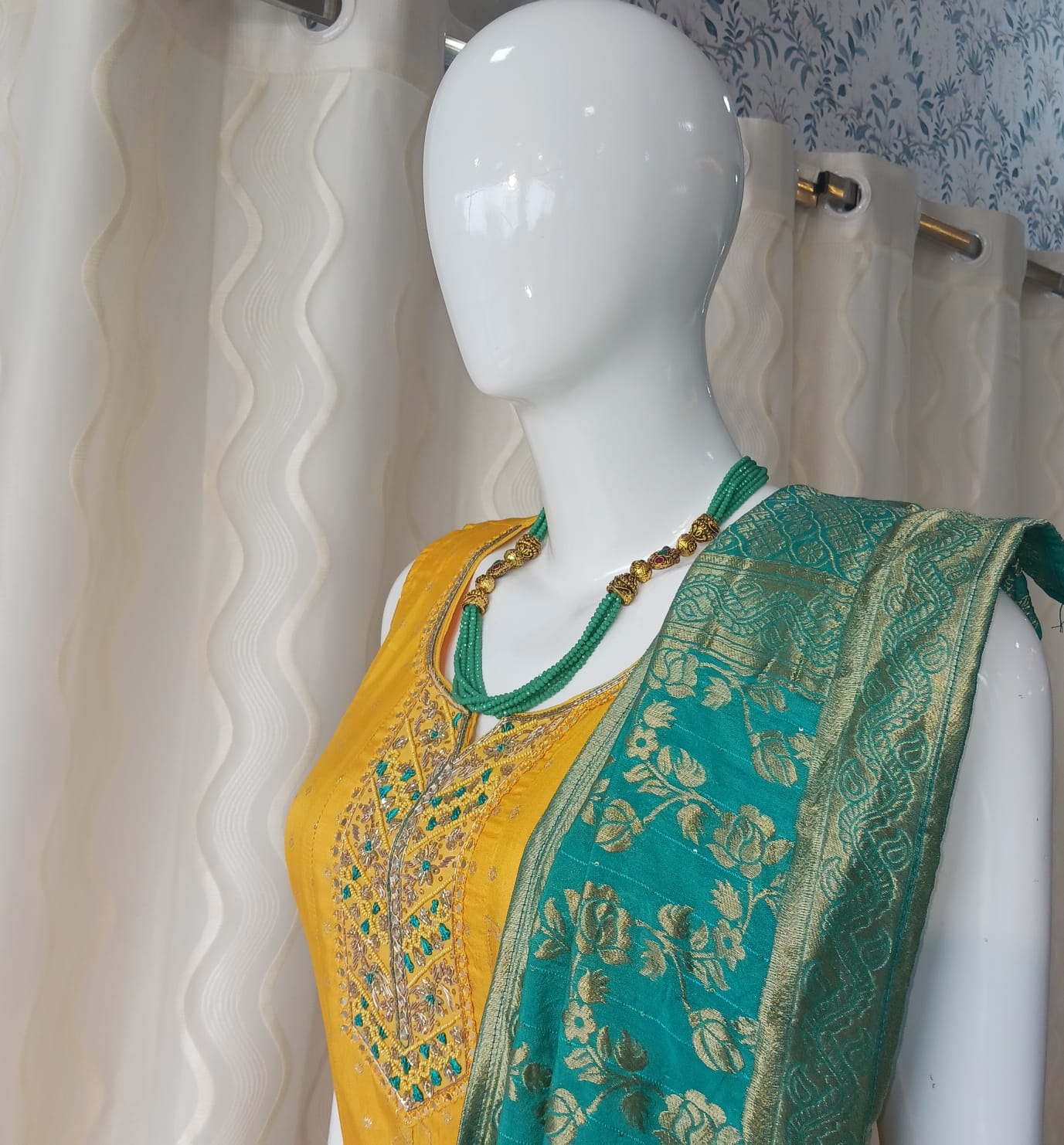Yellow Anarkali Cut 3-piece suit with Contrast Heavy Banarsi Work Dupatta with sleeves attached