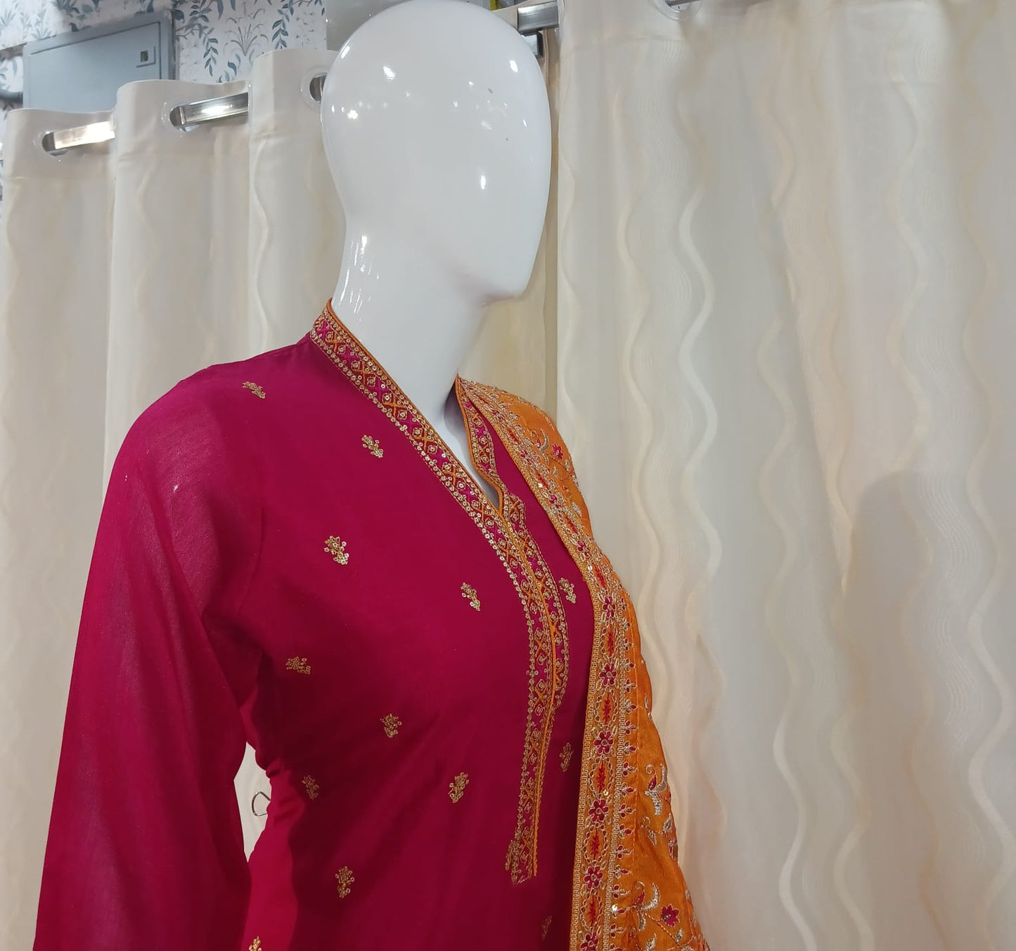 Straight Cut Pink 3-piece suit with Contrast Work Dupatta with sleeves attached.