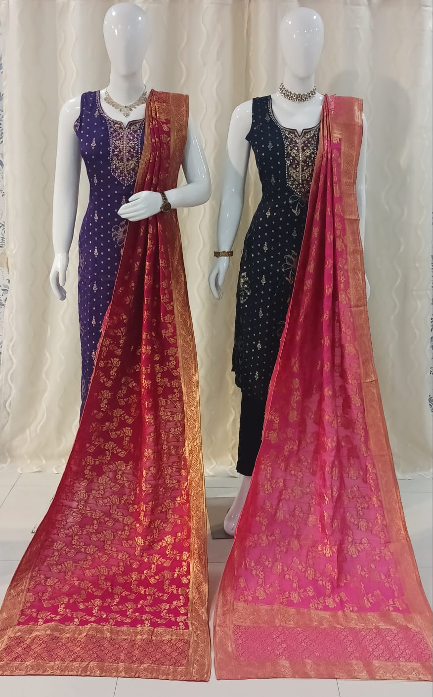 Straight Cut 3-piece suit with Contrast Banarsai Work Dupatta with sleeves attached