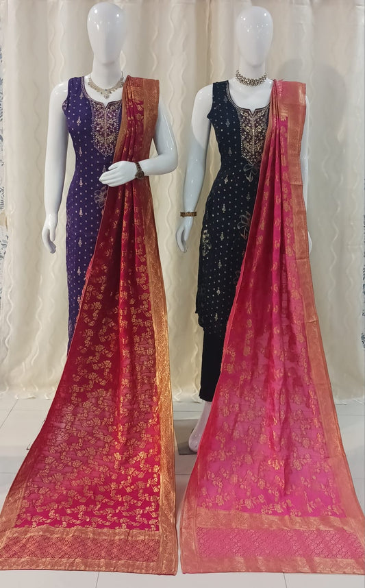 Straight Cut 3-piece suit with Contrast Banarsai Work Dupatta with sleeves attached